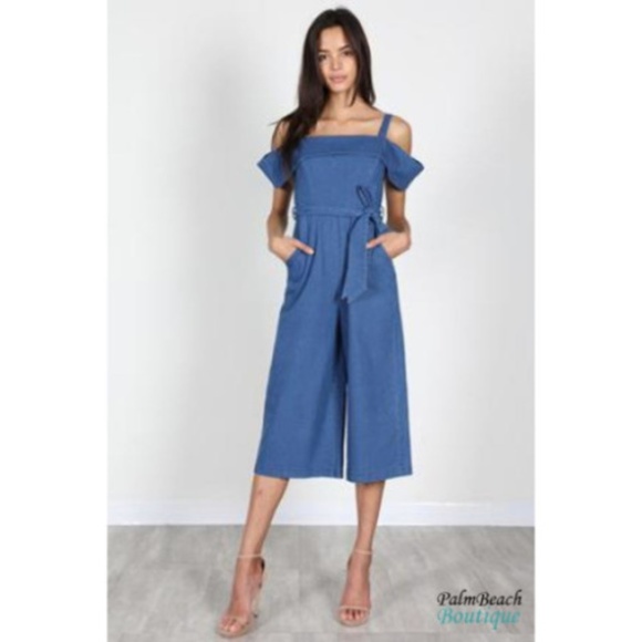 Essue Pants - Essue Off Shoulder Denim Jumpsuit